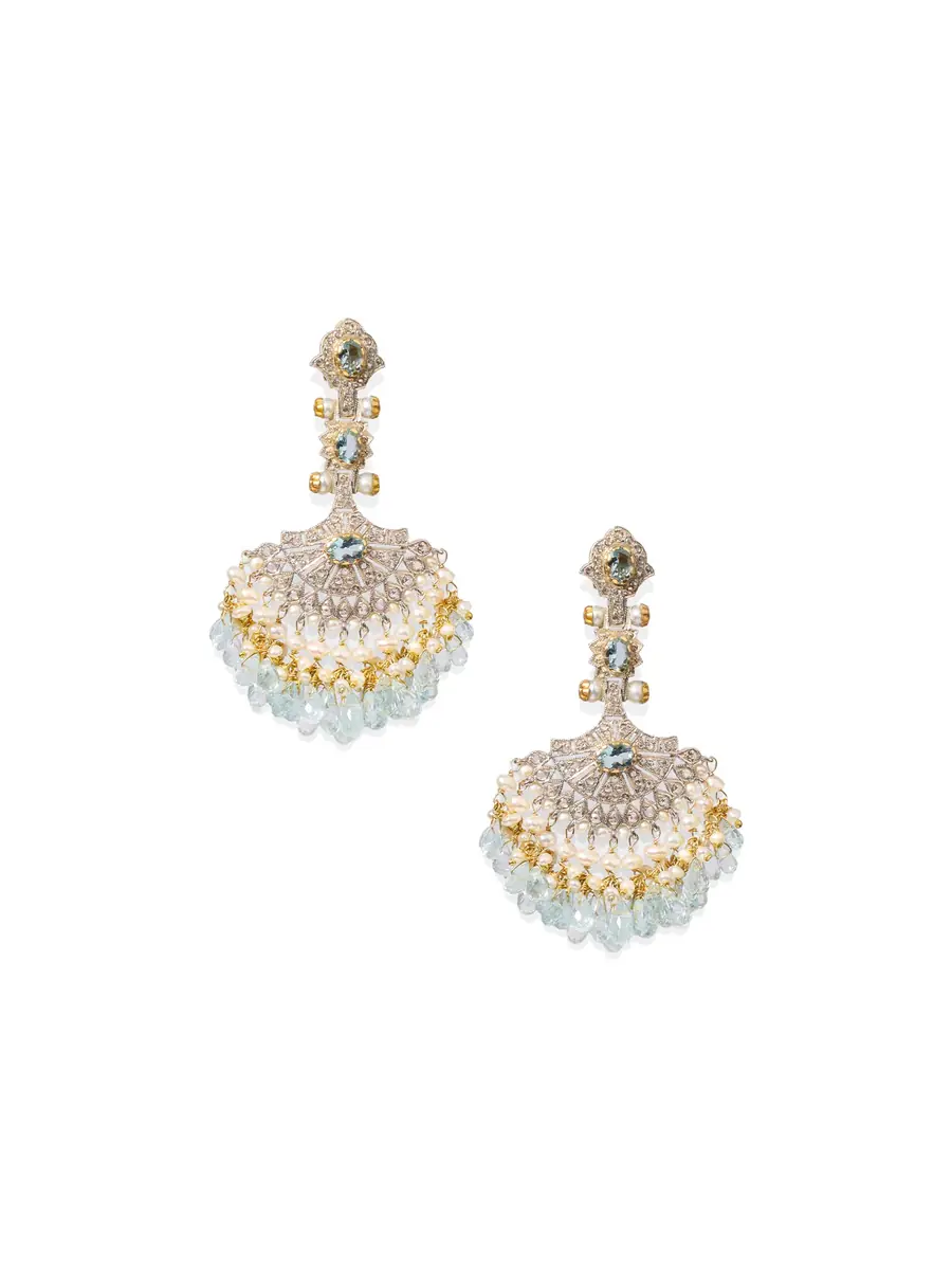 The Gem Palace 14k Gold and Silver Aquamarine, Diamond, and Pearl Earrings