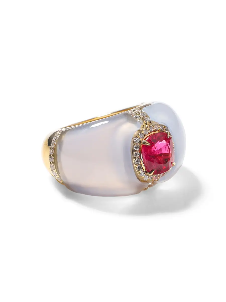 The Gem Palace 18k Yellow Gold Chalcedony Rubellite and Diamond Ring