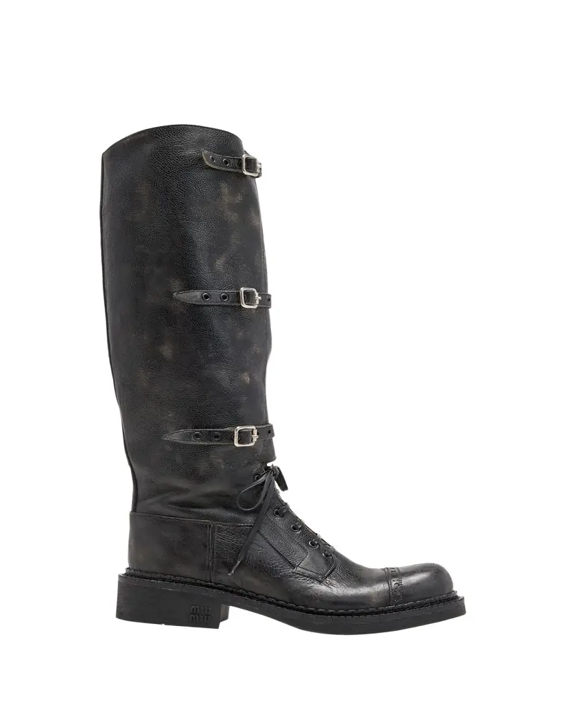 Miu Miu Antic Buckle Distressed Leather Knee-High Boots