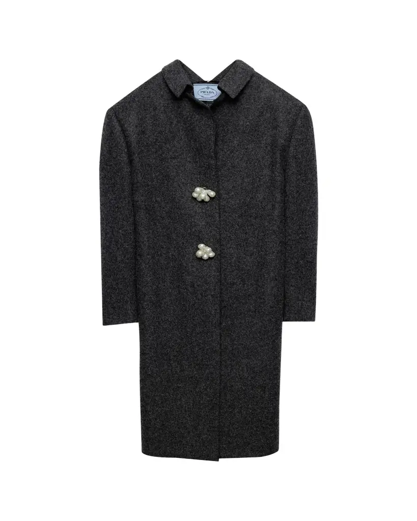 Prada Long Wool Coat with Pearl Buttons