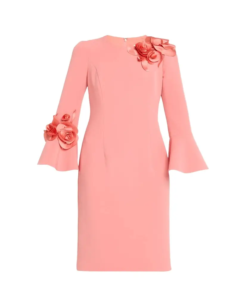 Rickie Freeman for Teri Jon Floral Applique Flare-Cuff Crepe Dress