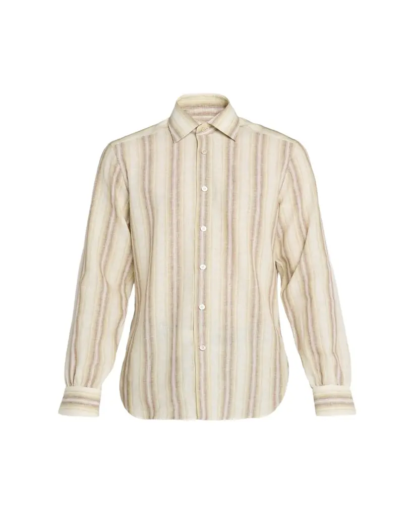Kiton Men's Wide Stripe Linen-Blend Button-Down Shirt