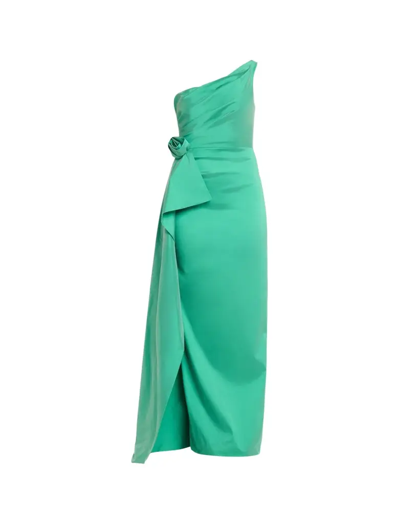 Rickie Freeman for Teri Jon Draped One-Shoulder Taffeta Column Gown