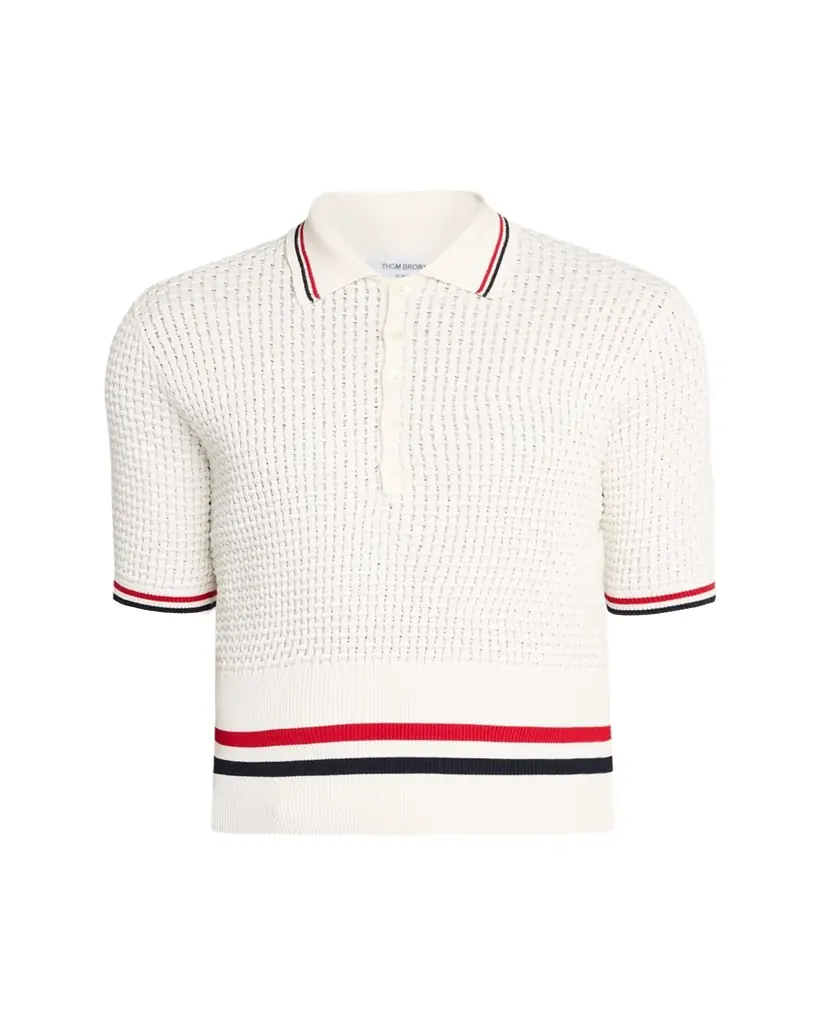Thom Browne Men's Float Ripple Stitch RWB Stripe Polo Shirt