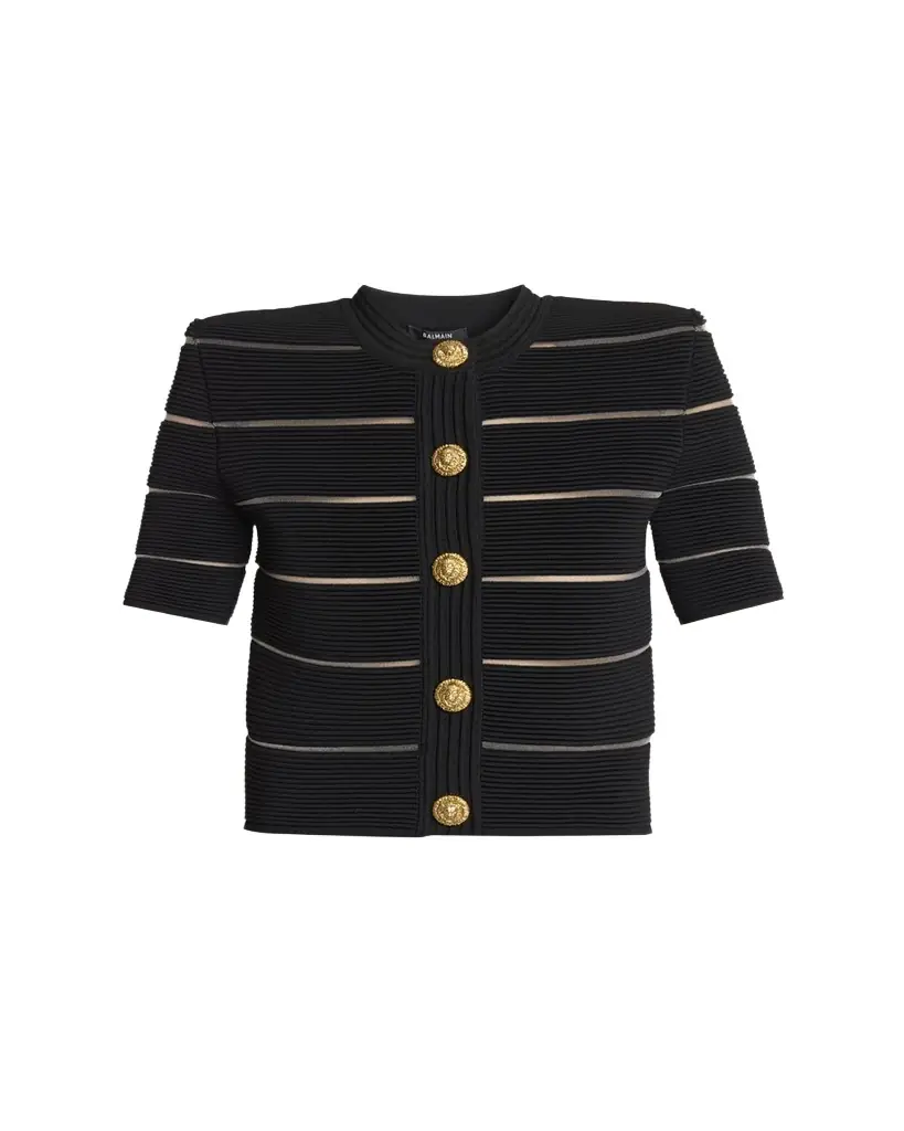 Balmain Metallic Striped Strong-Shoulder Crop Cardigan