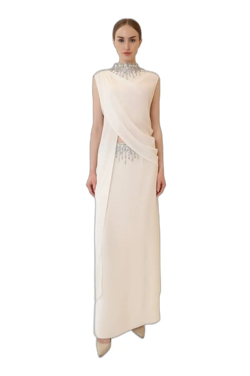 LAPOINTE Georgette Draped Scarf Top With Embroidery