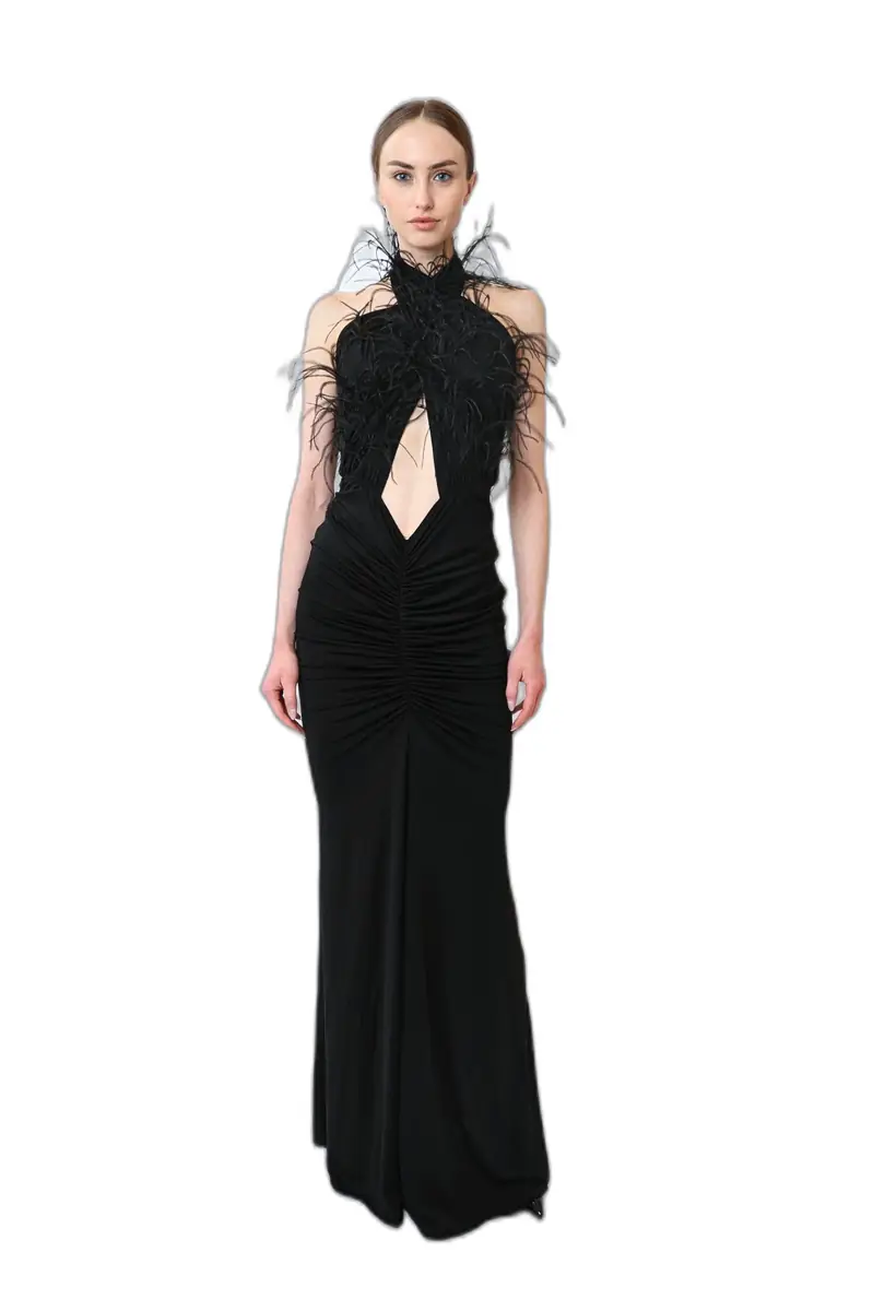 LAPOINTE Jersey Sleeveless Halter Ruched Gown With Feathers