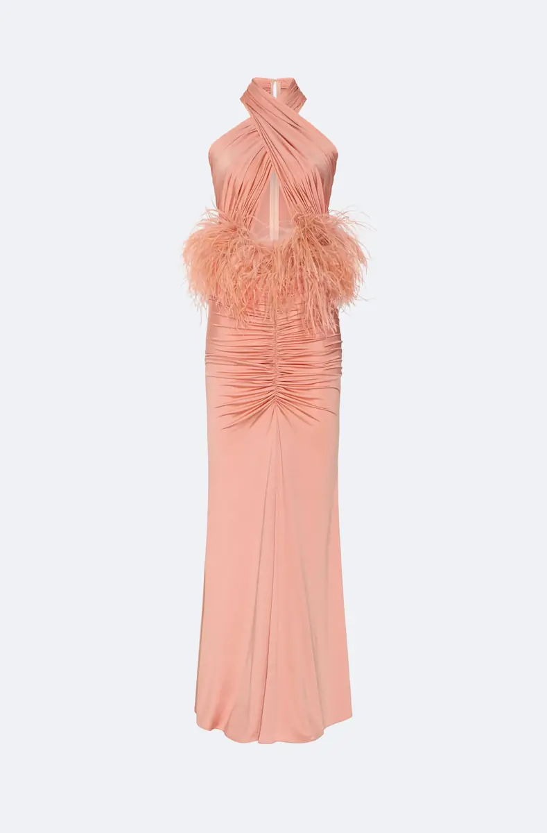 LAPOINTE Jersey Sleeveless Halter Ruched Gown With Feathers