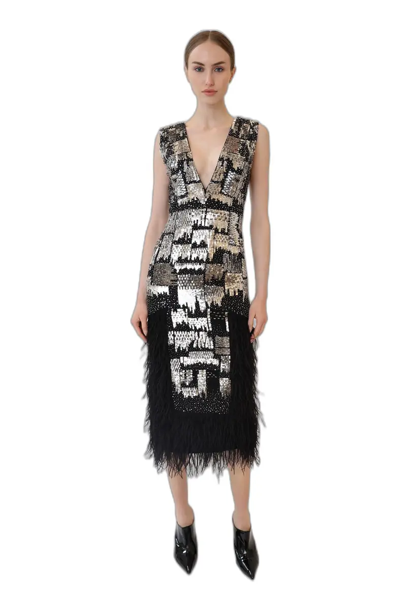 LAPOINTE V Neck Dress With Feathers