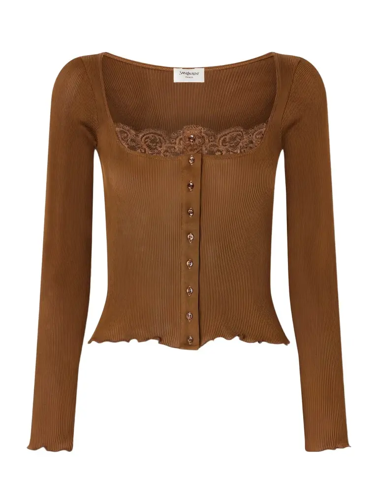 Saint Laurent Lace-trimmed Ribbed Silk-jersey Cardigan