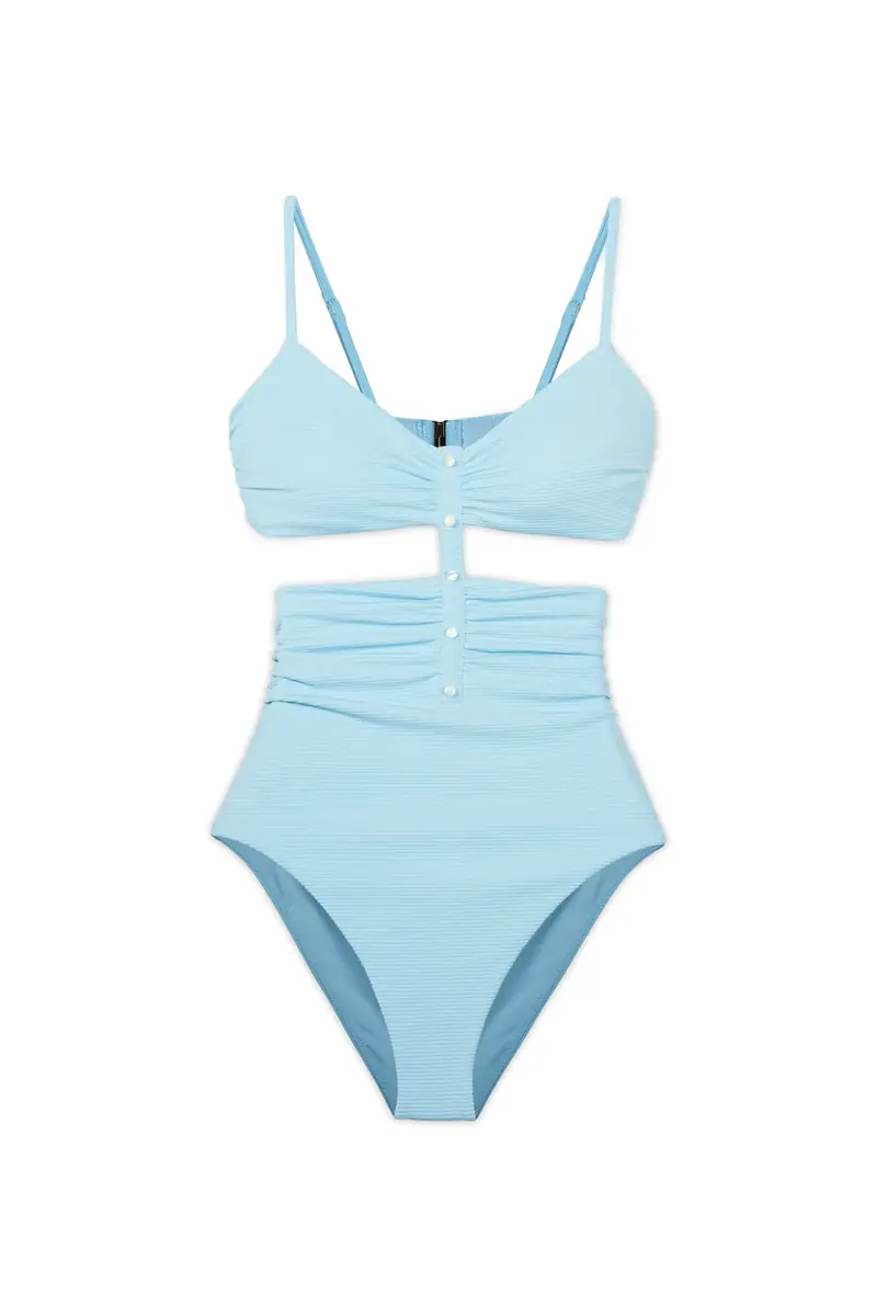 Simkhai JUNE RIBBED CUTOUT HENLEY RUCHED SWIMSUIT