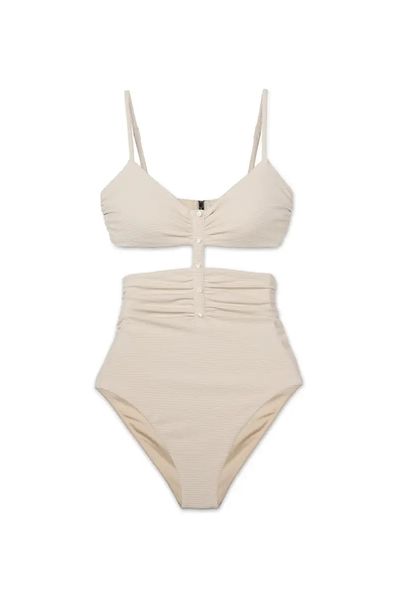 Simkhai JUNE RIBBED CUTOUT HENLEY RUCHED SWIMSUIT