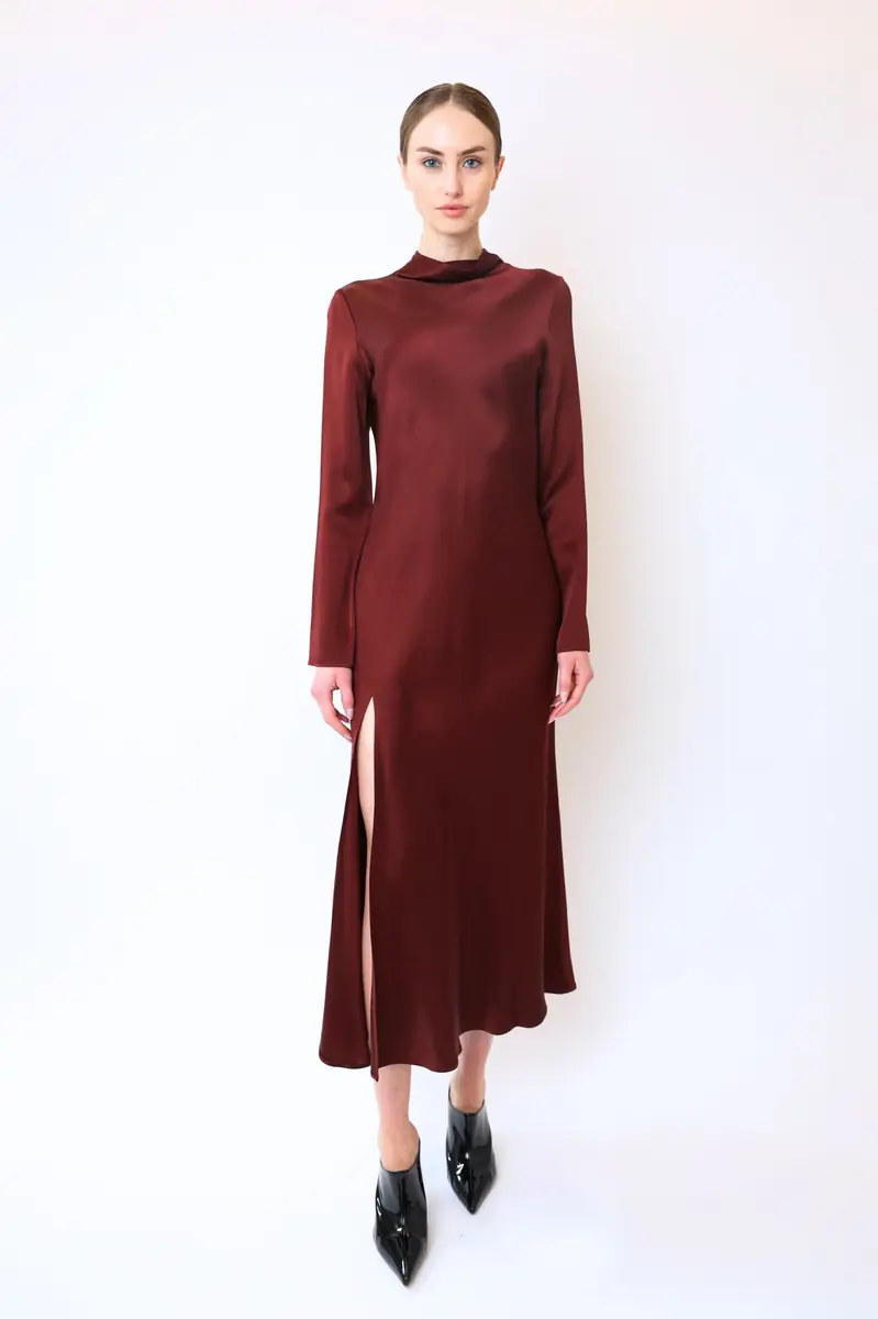 LAPOINTE Satin Draped Neck Bias Dress With Slit