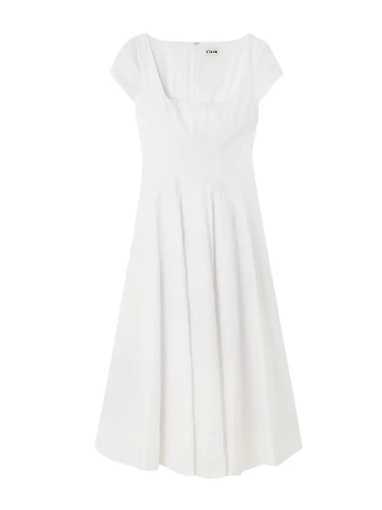 Staud Wells Pleated Cotton-blend Poplin Midi Dress