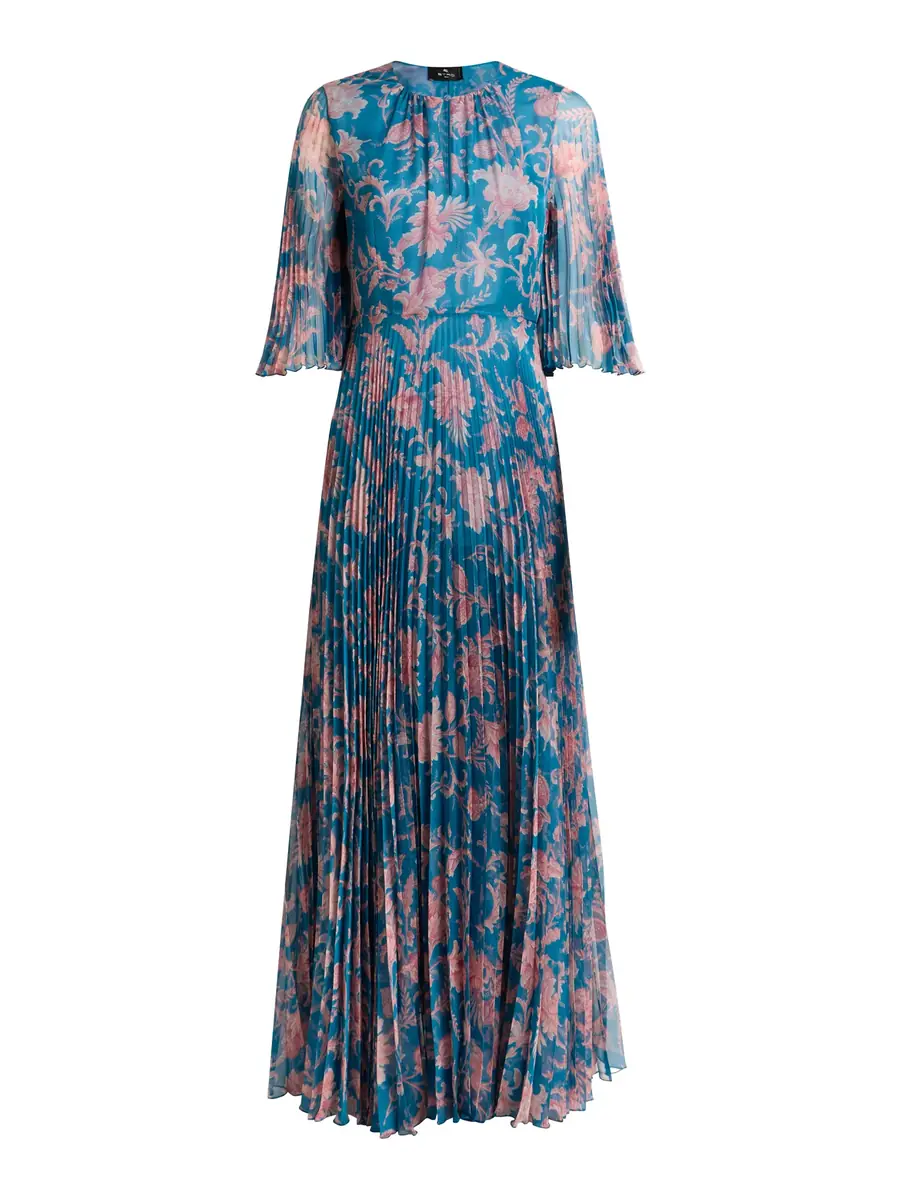Etro Paisley Pleated Maxi Dress with Flared Sleeves
