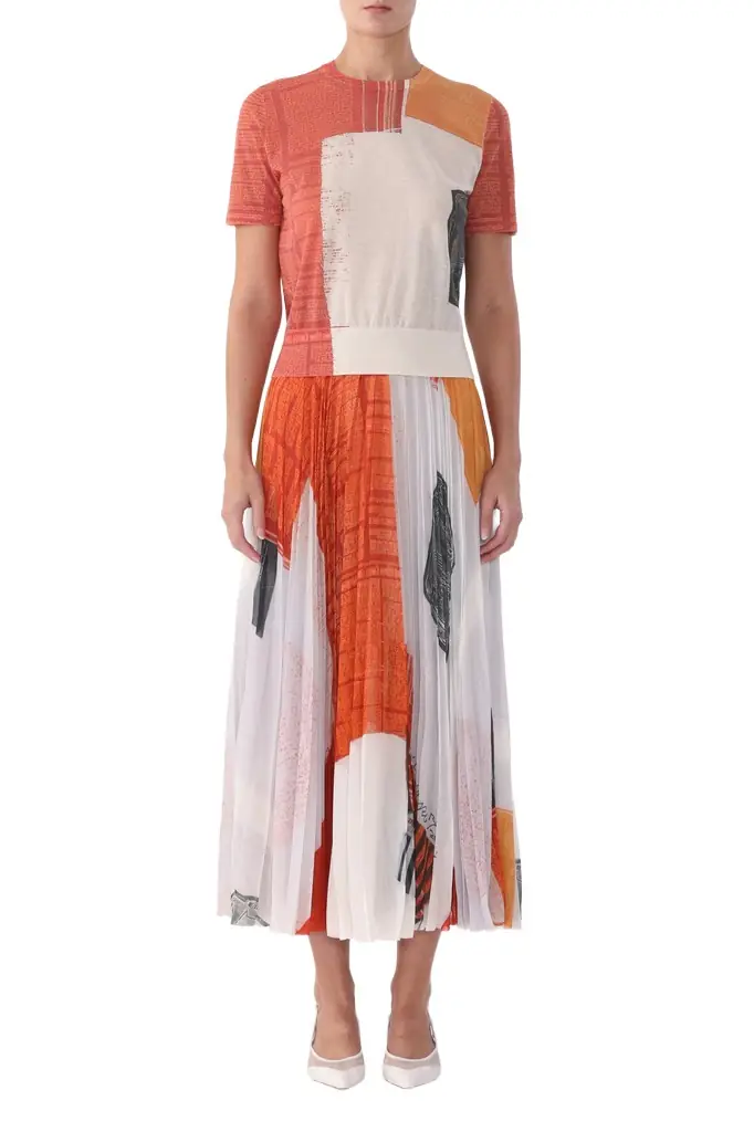 Jason Wu Collection CHIFFON PLEATED SKIRT WITH CAT PAWS ARTWORK BY ROBERT RAUSCHENBERG