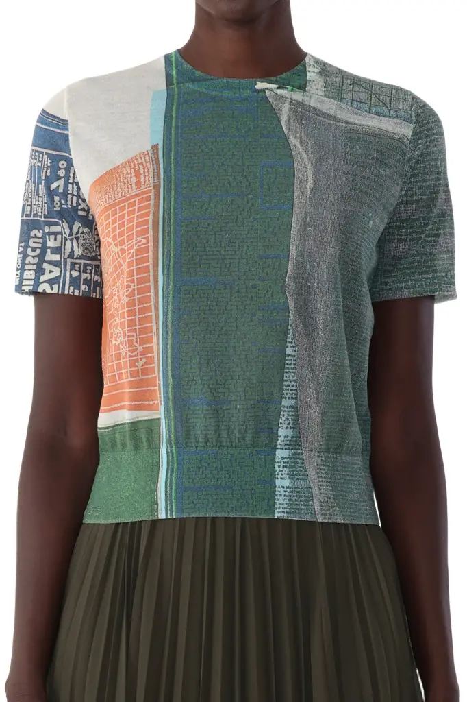 Jason Wu Collection SHORT SLEEVE KNIT TOP WITH PLATTER ARTWORK BY ROBERT RAUSCHENBERG