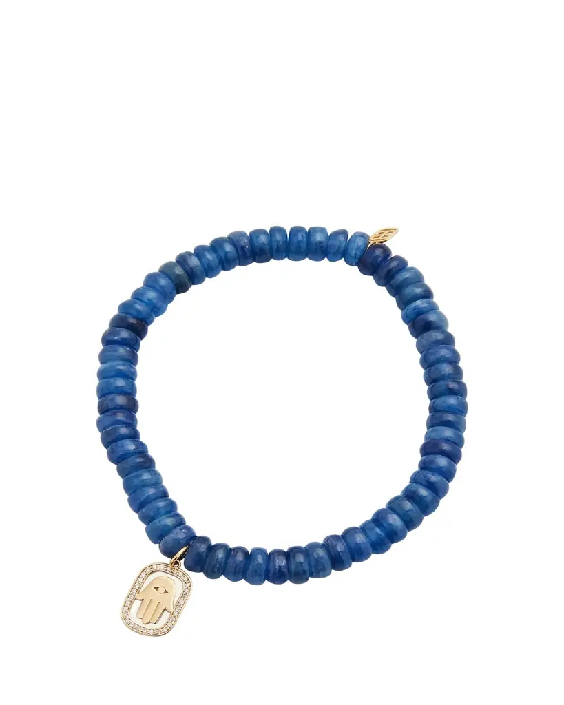 Sydney Evan Diamond Hamsa Charm on Blue Kyanite Rondelle Bracelet