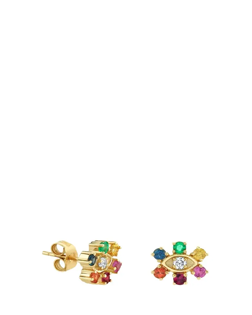 Sydney Evan 14K Yellow Gold Diamond Marquise Eye Flower Stud Earrings with Rainbow Gemstones
