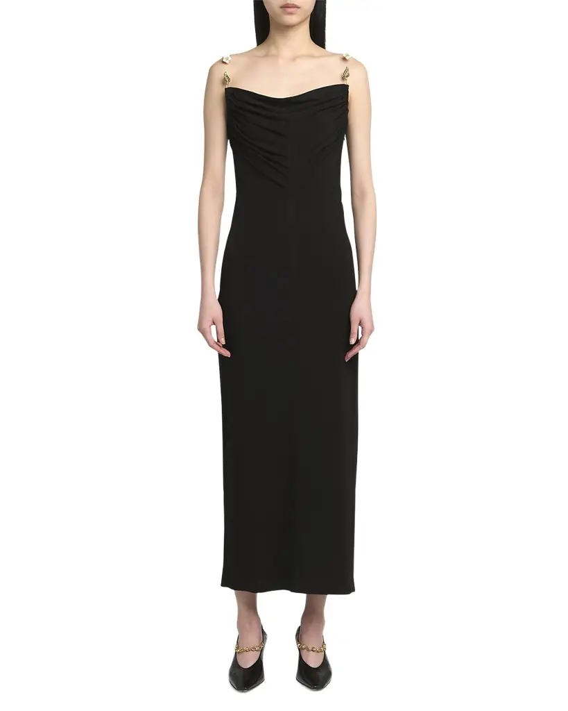 Bottega Veneta Matte Crepe Jersey Midi Dress with Embellished Hardware Straps