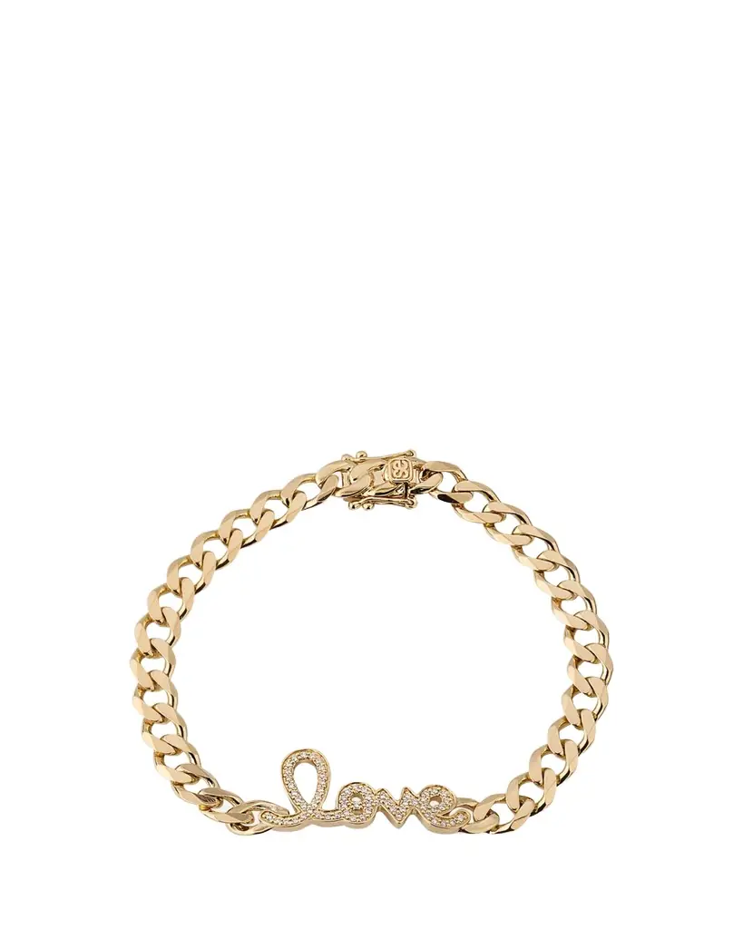 Sydney Evan 14K Yellow Gold and Diamond Love Script Curb Link Chain Bracelet