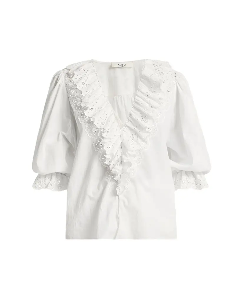 Chloe Eyelet-Embroidered Ruffle Cotton Voile Blouse