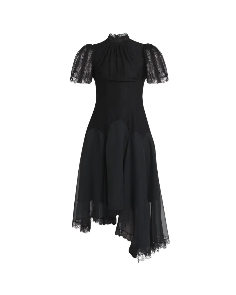 McQueen Draped Floral Lace High-Low Midi Dress