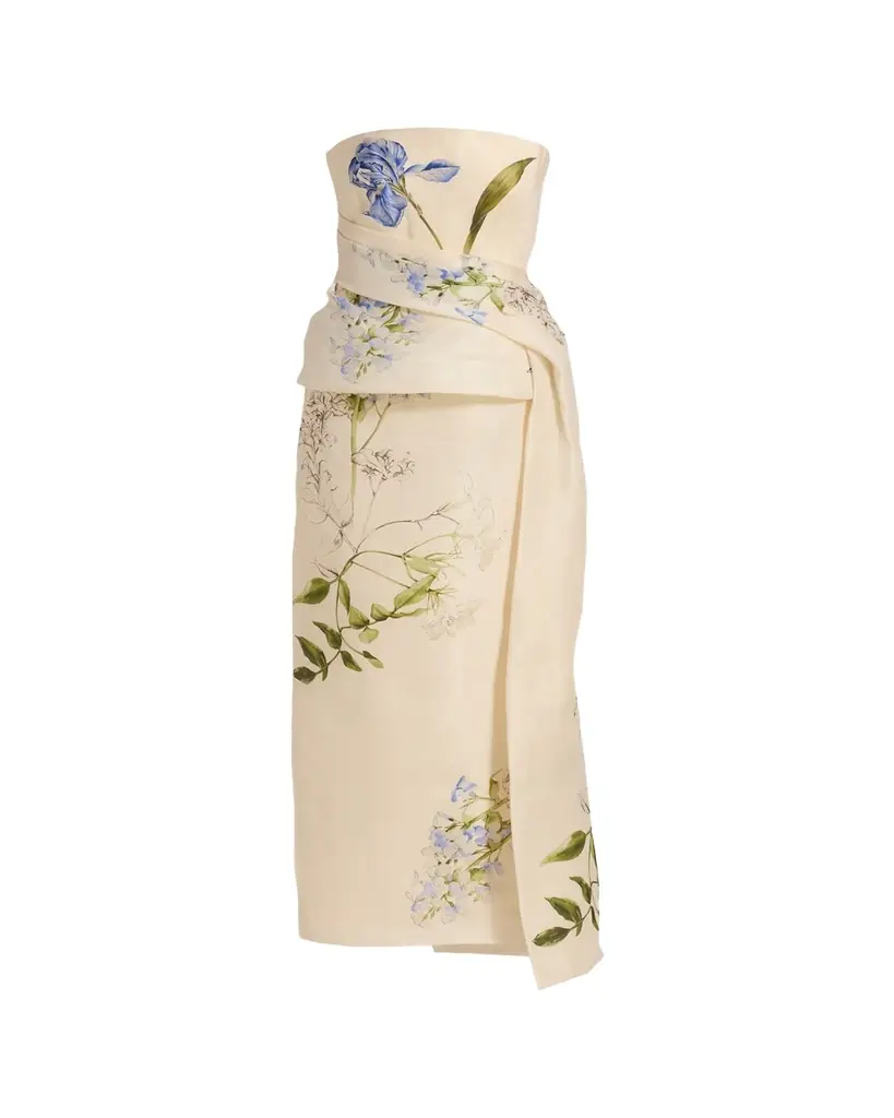 Monique Lhuillier Iris Gazar Silk Strapless Peplum Drape Ankle Gown