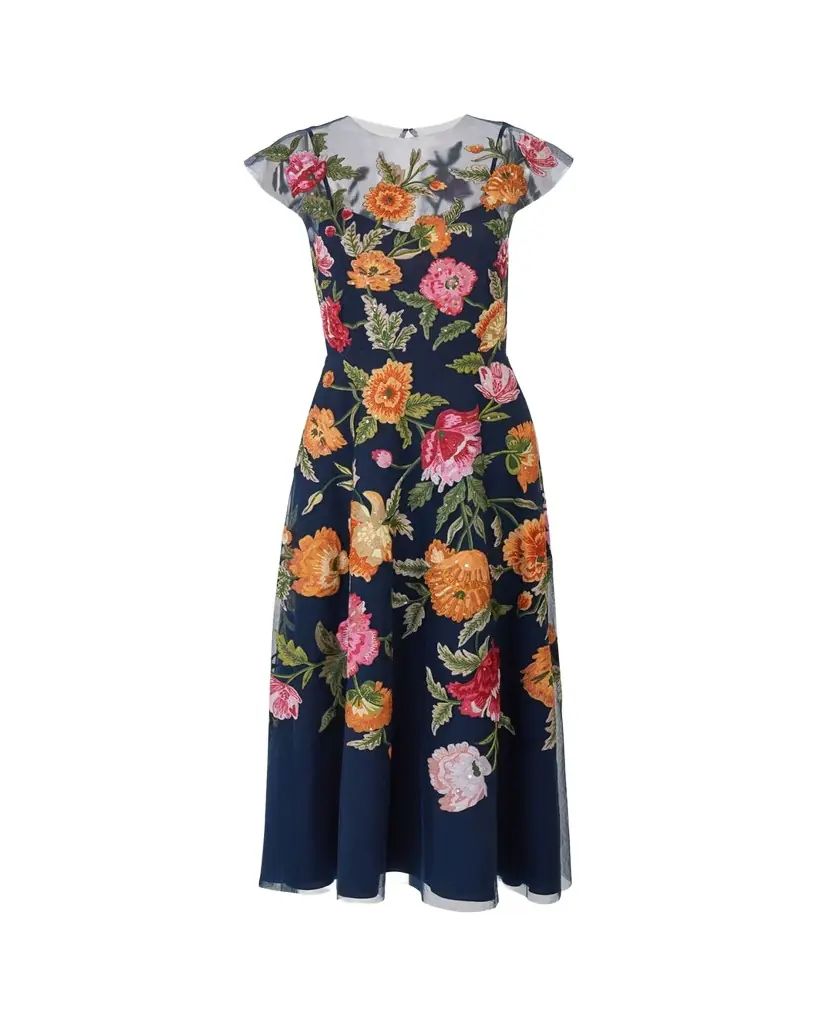 Carolina Herrera Floral Embroidered Cap-Sleeve Illusion Midi Dress