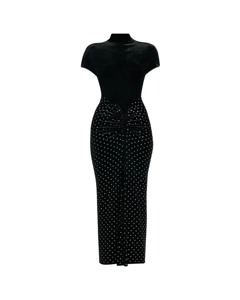 ALAIA Mock-Neck Ruched Mirrored Velvet Maxi Dress