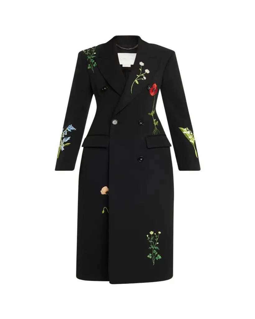 Stella McCartney Flower Embroidered Wool Double-Breasted Long Coat