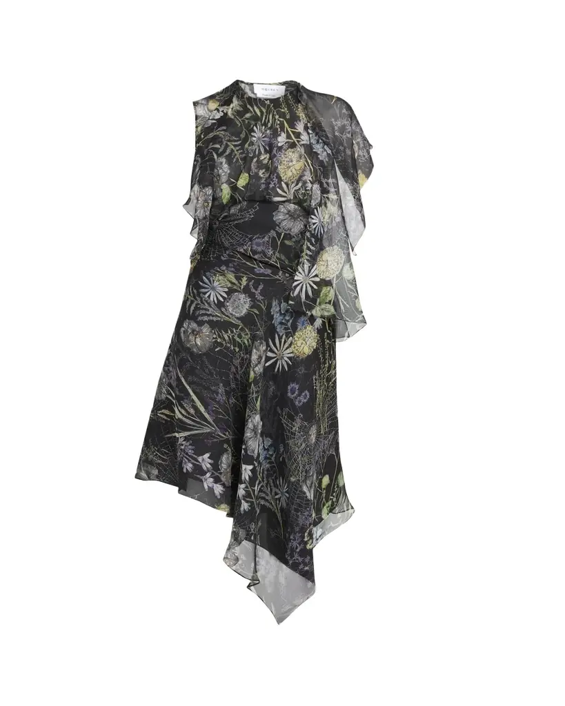 McQueen Floral-Print Asymmetric Ruffle Midi Dress