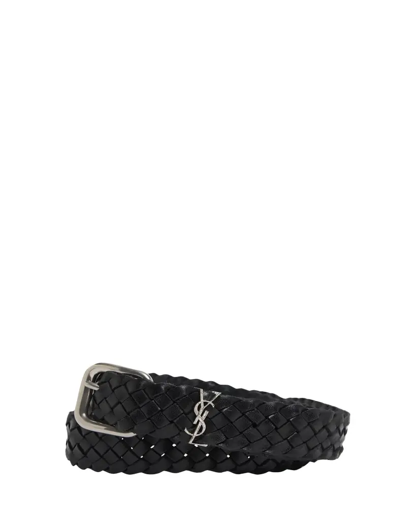 Saint Laurent Men's Cassandre YSL Woven Leather Belt