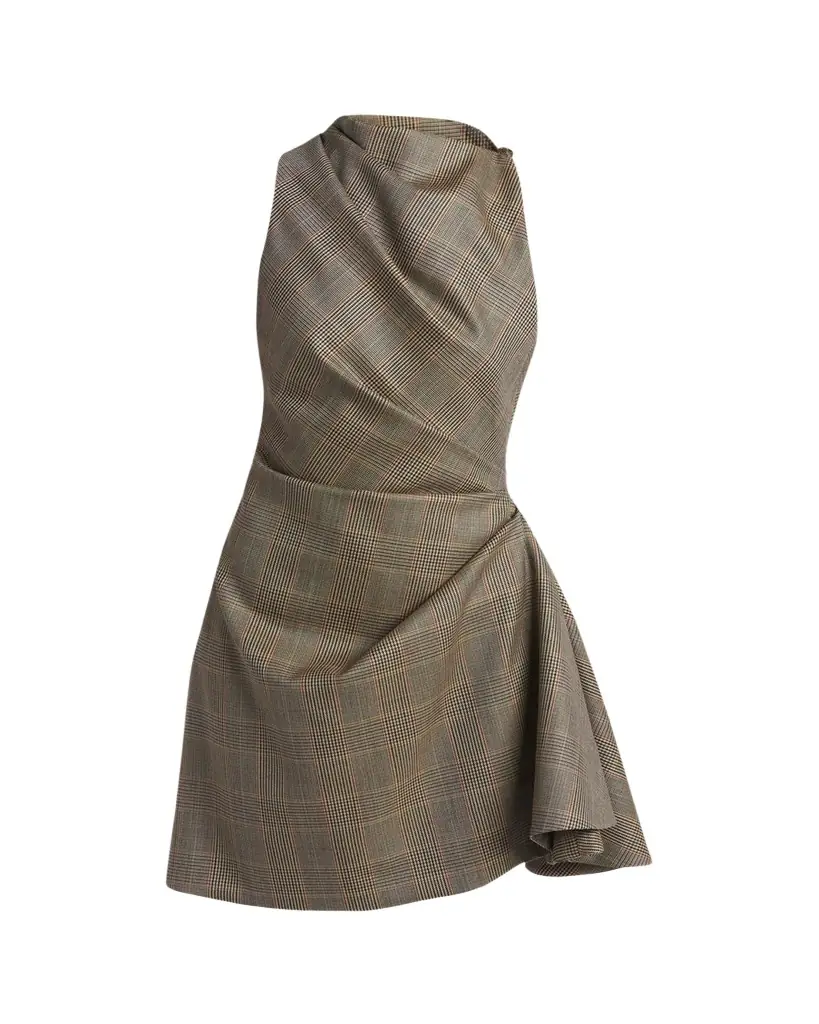 McQueen Check Pleated Drape Sleeveless Mini Dress