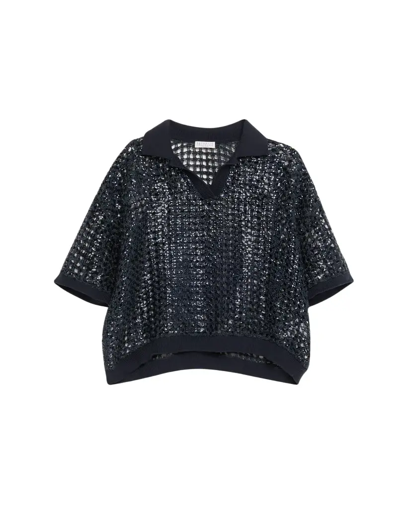 Brunello Cucinelli Vienna Paillette Net Polo Sweater