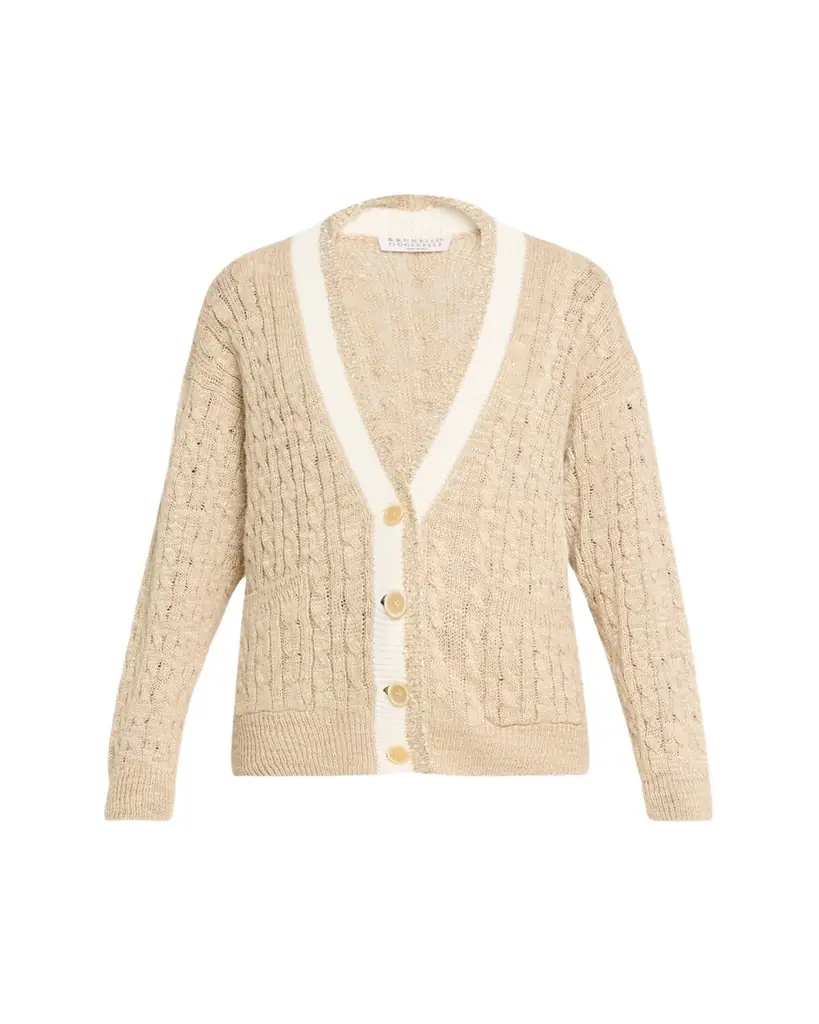 Brunello Cucinelli Paillette V-Neck Cable-Knit Cardigan