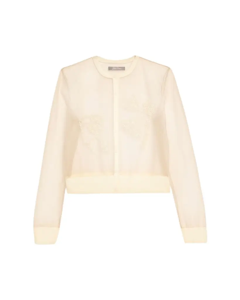 Lela Rose Tulip Beaded Sheer Crewneck Cardigan
