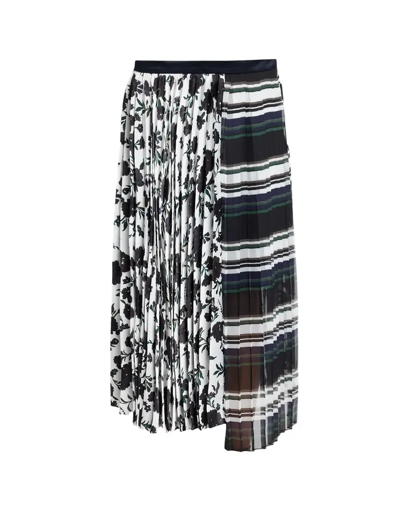 SACAI Mixed-Print Pleated Midi Skirt