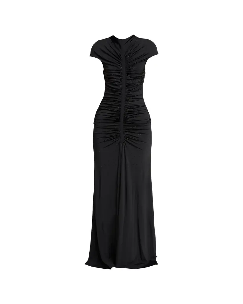 Giorgio Armani Ruched Cap-Sleeve Rhinestone Gown