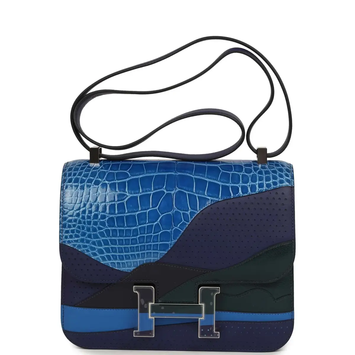 hermes Hermes "Au Bout Du Monde" Constance 24 Bleu Zellige, Bleu Encre, Bleu Nuit, Vert Anglais, Shiny Alligator, Chevre, Swift, Sombrero, Box, Lacquered Palladium Hardware