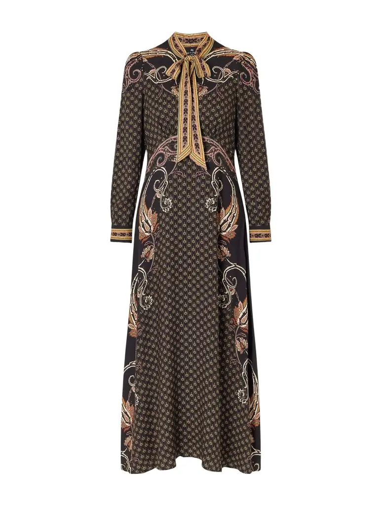 Etro Pussy-bow Printed Satin Midi Dress