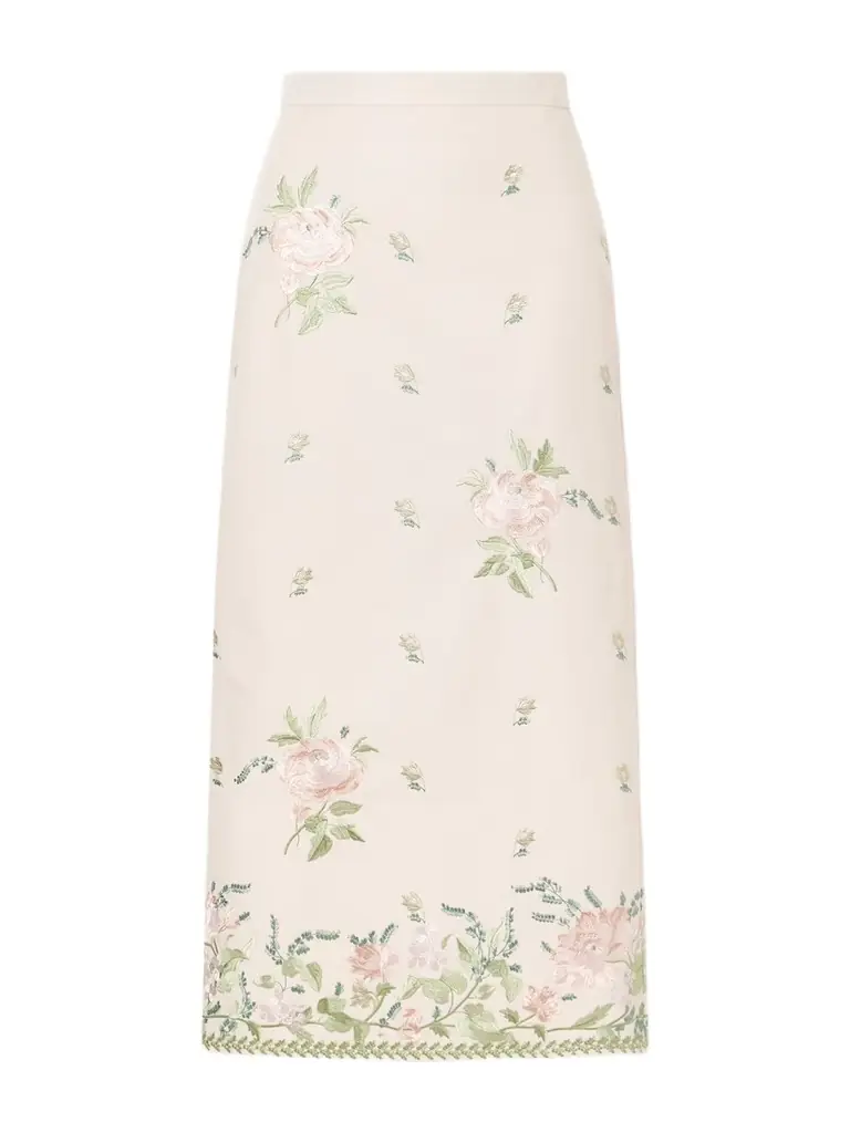 Erdem Floral-embroidered Cotton-faille Midi Skirt