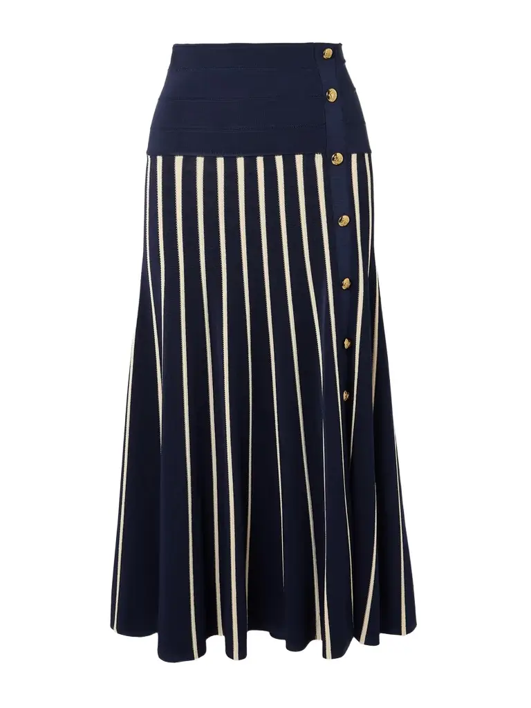 Zimmermann Luna Button-detailed Pleated Striped Knitted Midi Skirt