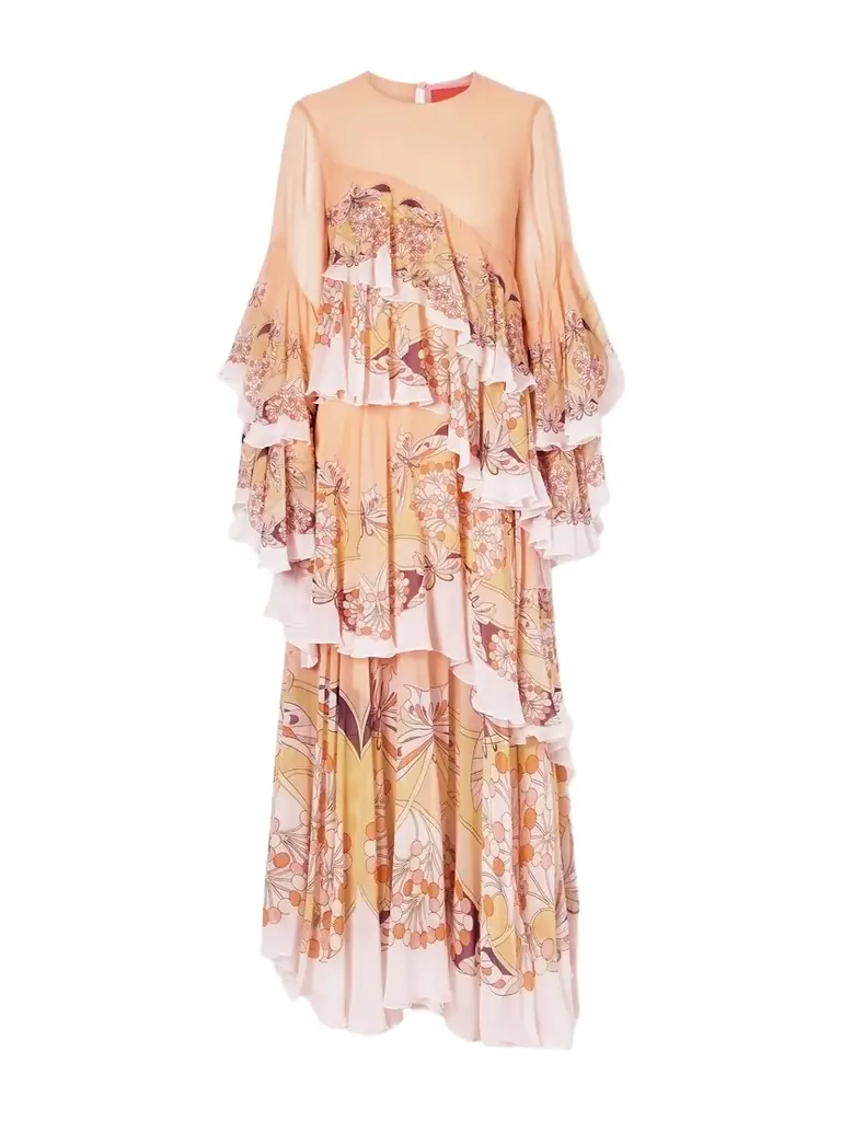 La DoubleJ Naiad Asymmetric Tiered Floral-print Silk-chiffon Maxi Dress