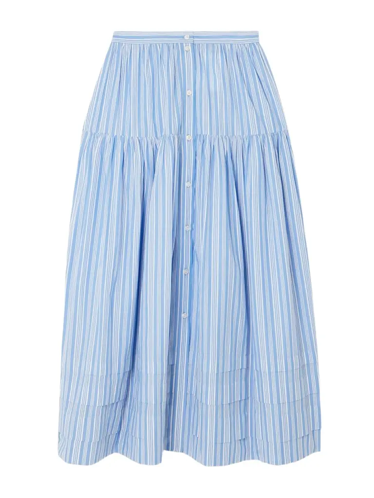 DÔEN Marceline Tiered Striped Organic Cotton Midi Skirt