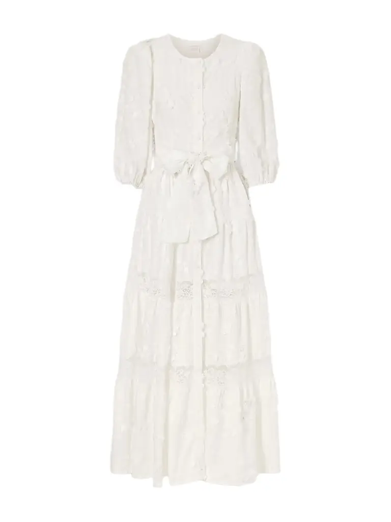 Loretta Caponi Poppi Belted Tiered Lace-trimmed Broderie Anglaise Cotton Maxi Dress