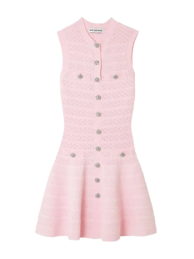 Self-Portrait Button-embellished Pointelle-knit Mini Dress