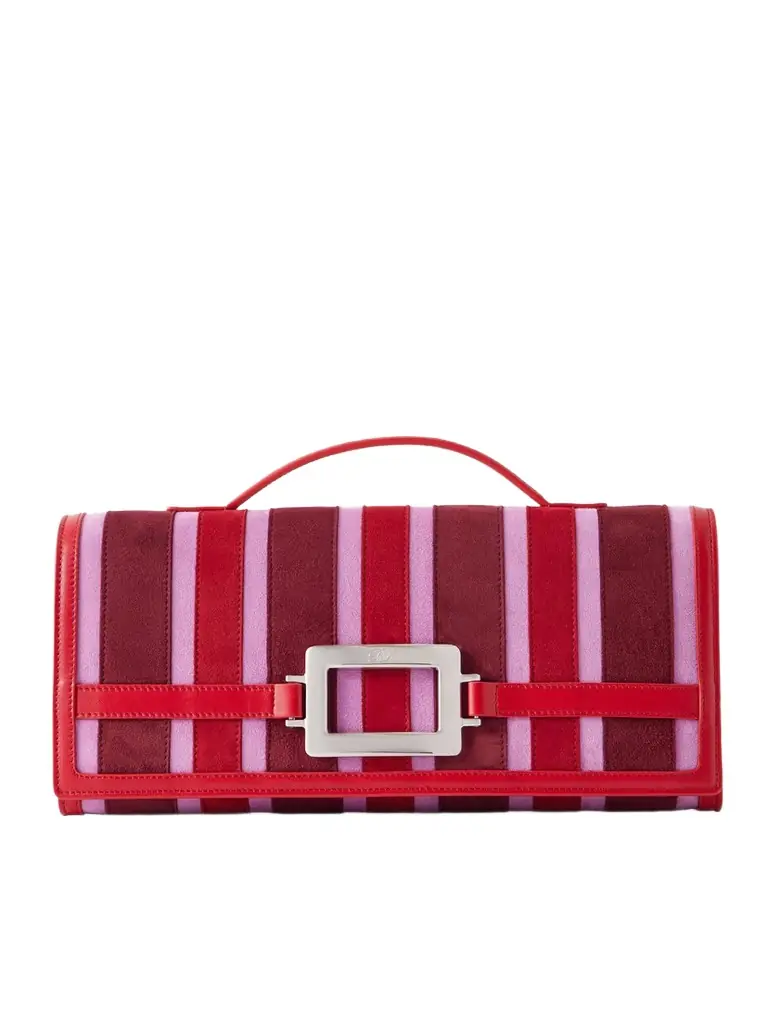 Roger Vivier Belle Vivier Buckled Leather-trimmed Striped Suede Clutch