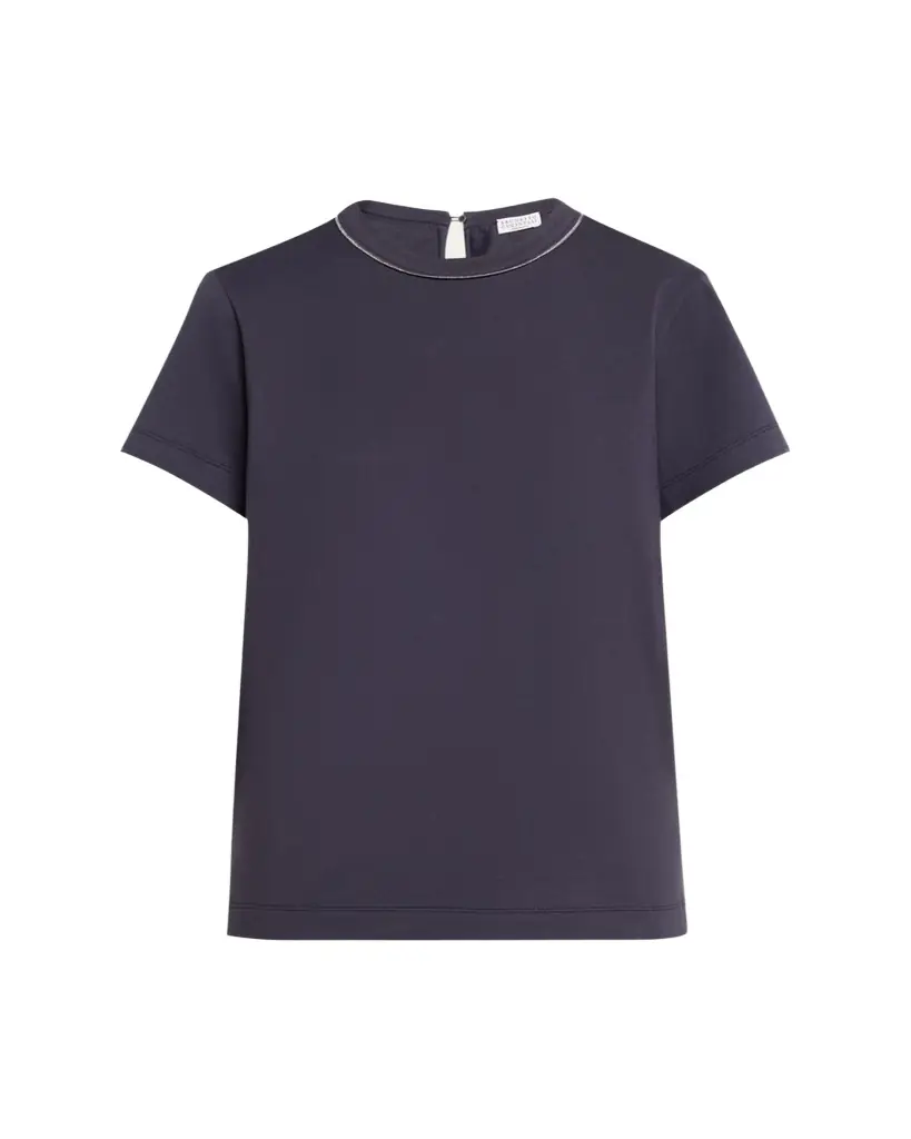 Brunello Cucinelli Metallic Seams Cotton Stretch Short-Sleeve T-Shirt