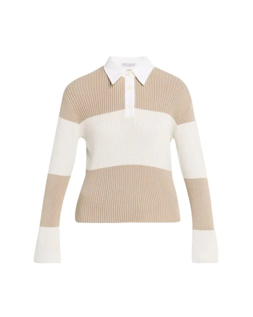 Brunello Cucinelli Shimmering Striped Cotton Rib Polo Sweater